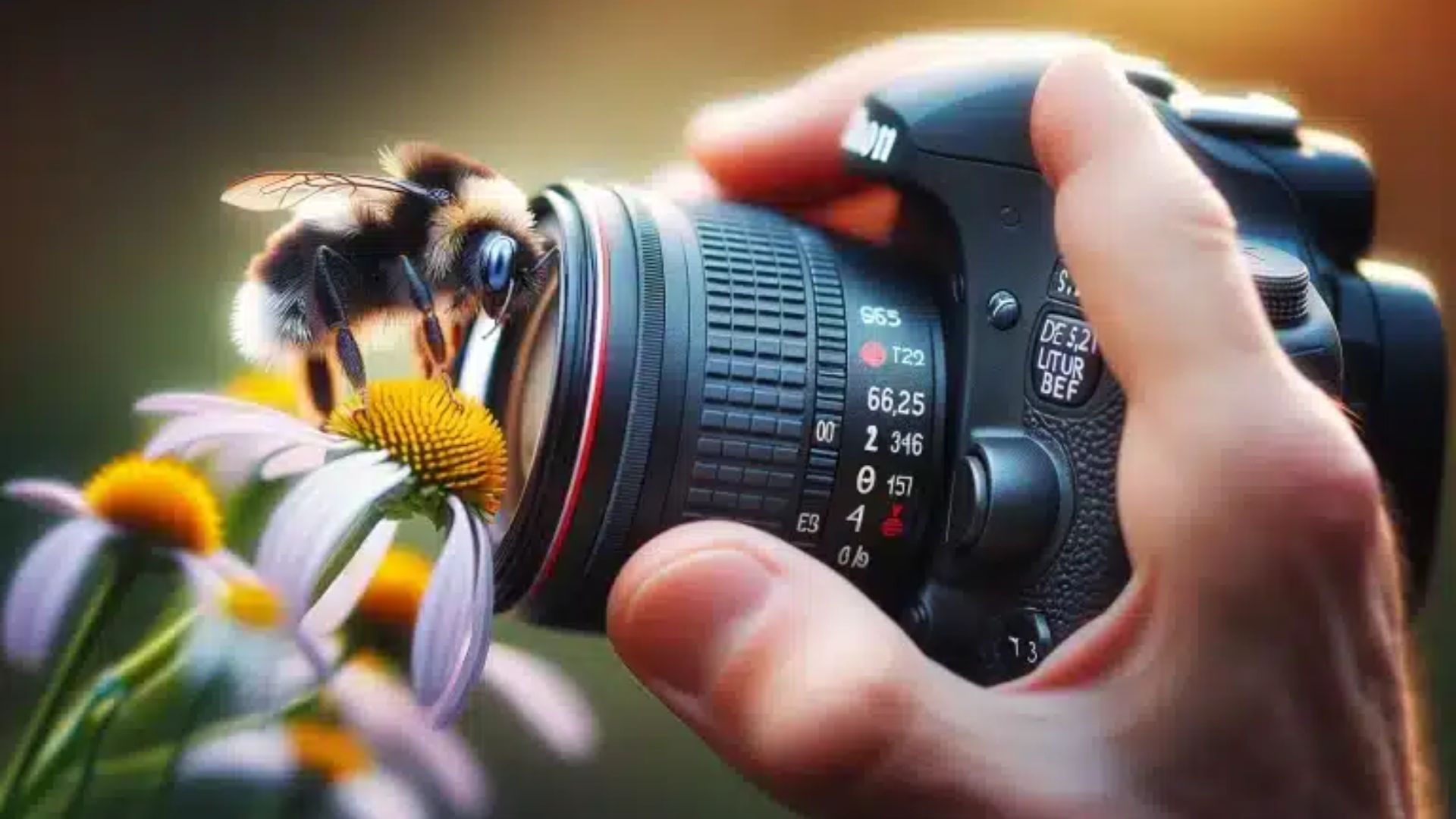Hands hold DSLR camera with macro lens photographing bumblebee pollinating yellow coneflower with exposure settings visible on camera body display.