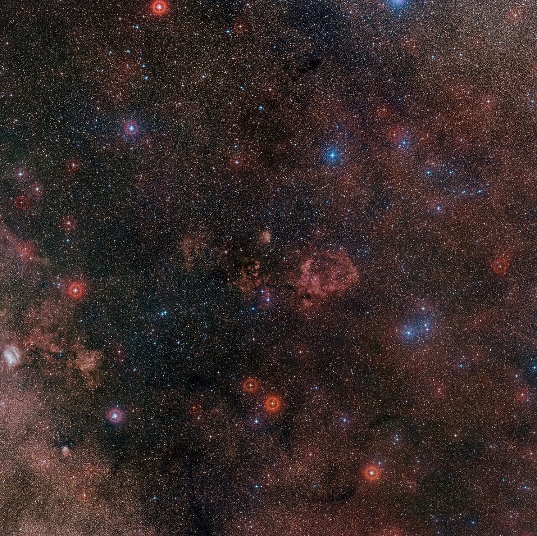 This image from the Digitized Sky Survey (DSS) shows the region of the sky around the RCW 94 and RCW 95 nebulae, seen here at the centre of the image. The nebulae are part of a larger complex of clouds resembling a bat, with RCW 94 representing the right wing and RCW 95 the body, respectively. Credit: ESO/Digitized Sky Survey 2