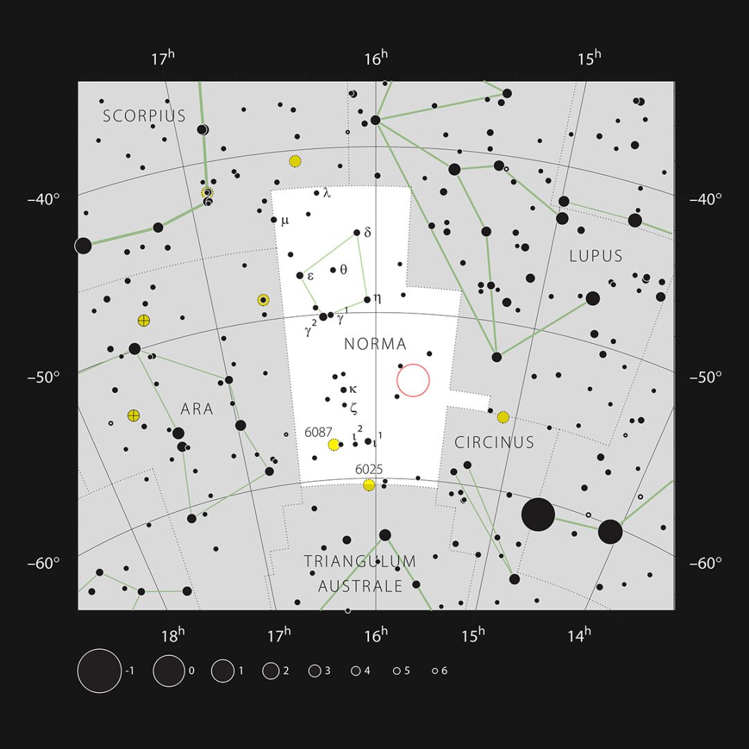 This chart shows the location of the RCW 94 and RCW 95 nebulae between the Circinus and Norma constellations. This map shows most of the stars visible to the unaided eye under good conditions. The location of the nebulae is marked with a red circle. Credit: ESO, IAU and Sky & Telescope