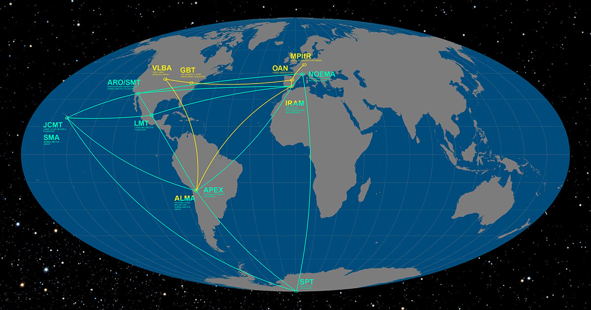 The locations of the participating telescopes of the Event Horizon Telescope (EHT) and the Global mm-VLBI Array (GMVA). Credit: ESO/O. Furtak
