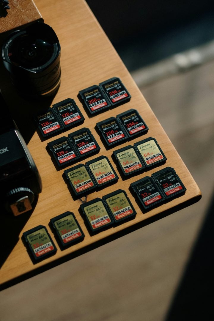 Memory cards laid out on a table.