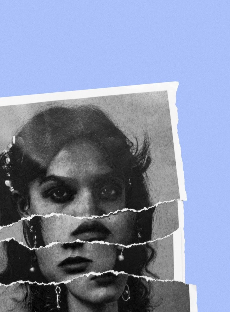 A digital collage made of torn photos of a woman.