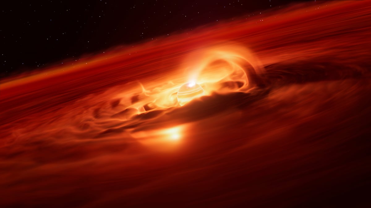 This artist’s impression shows Cha 1107-7626. Located about 620 light-years away, this rogue planet is about 5-10 times more massive than Jupiter and doesn’t orbit a star. It is eating up material from a disc around it. Credit: ESO/L. Calçada/M. Kornmesser