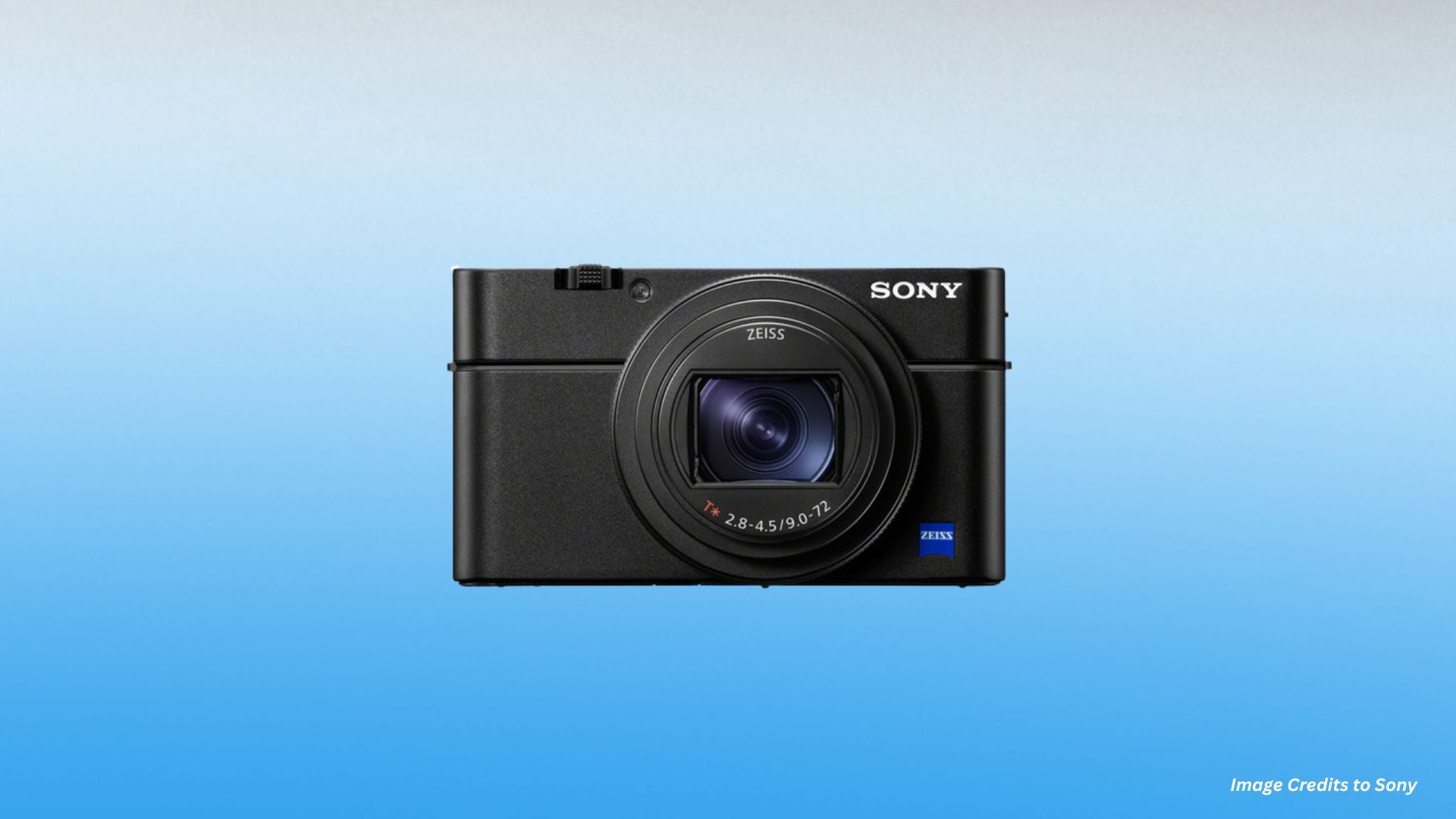 Front view of Sony RX100 VII compact camera featuring Zeiss Vario-Sonnar T* lens with f/2.8-4.5 aperture, blue Zeiss badge, textured body, and premium black finish on gradient background.