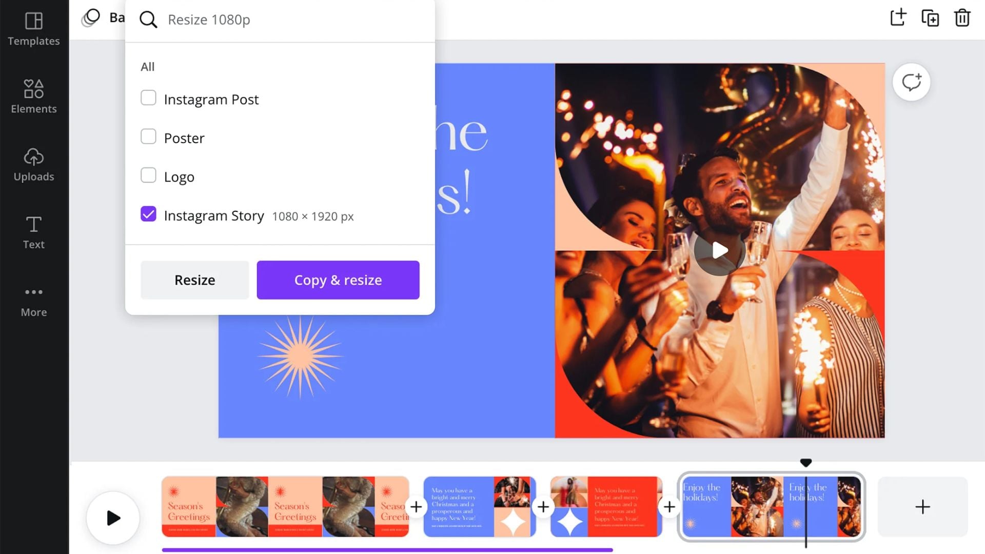 Canva resize menu showing Instagram Story option selected at 1080x1920px with copy and resize button, holiday celebration video preview displayed on canvas background.