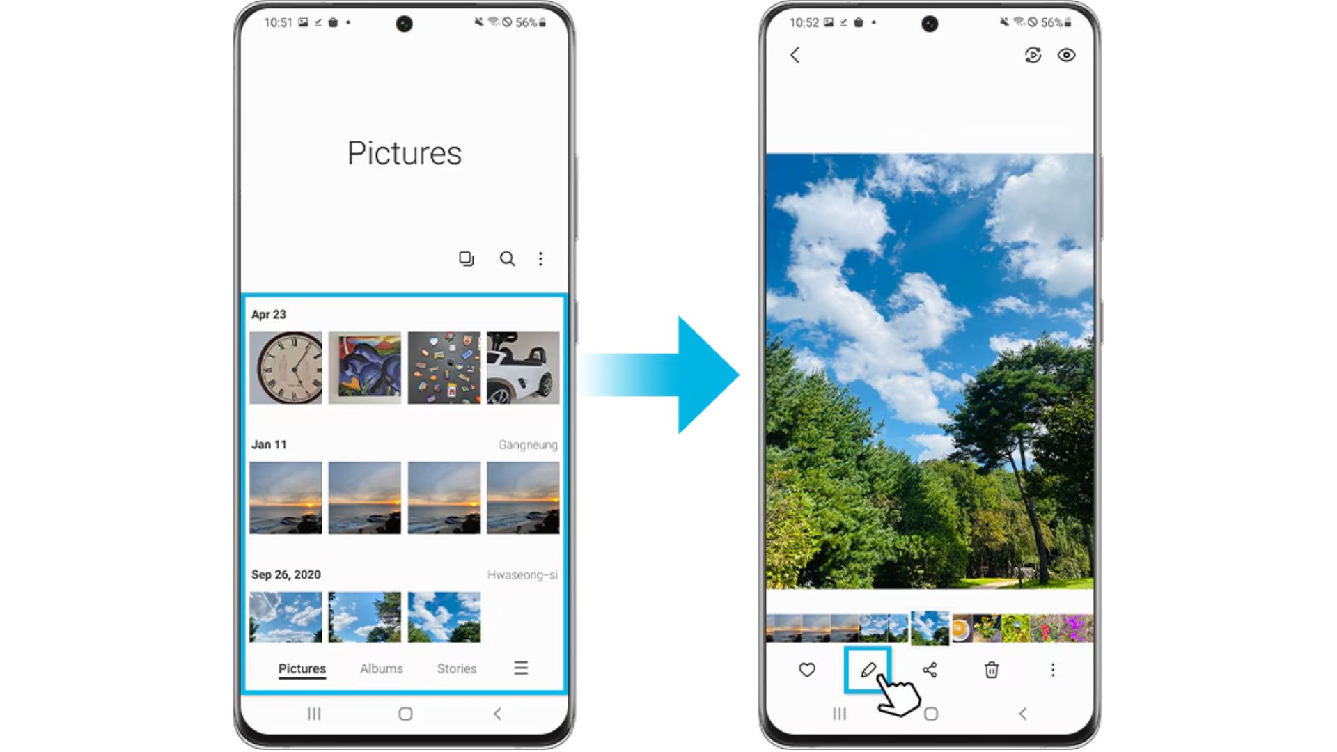 Two Samsung phone screens showing gallery app workflow: left screen displays Pictures tab with photo thumbnails organized by date, right screen shows opened landscape photo with pencil edit icon highlighted at bottom toolbar.