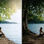 Side-by-side comparison showing woman sitting by lake under tree. Left image has bright sunflare, right image shows corrected exposure with balanced lighting and detail.