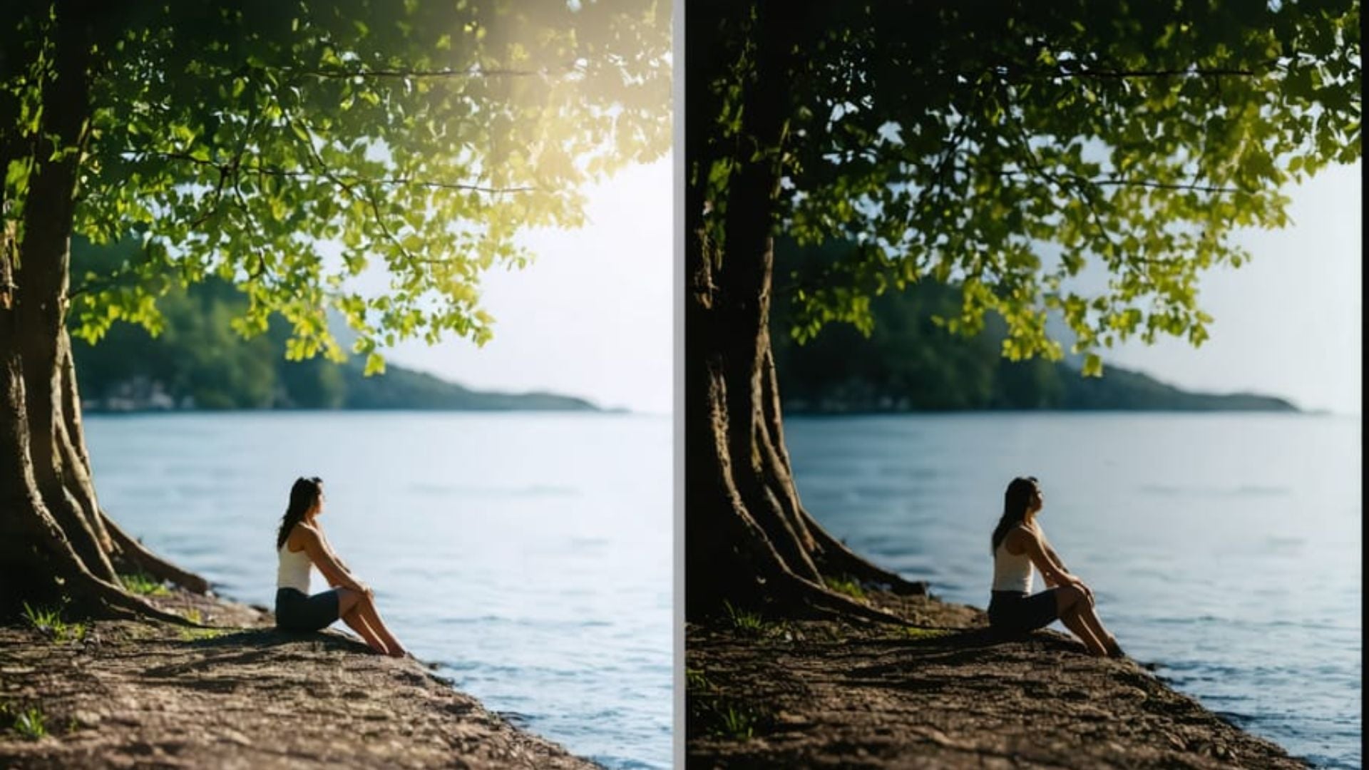 Side-by-side comparison showing woman sitting by lake under tree. Left image has bright sunflare, right image shows corrected exposure with balanced lighting and detail.