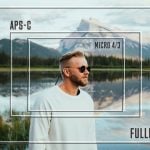 Diagram overlaying sensor sizes on mountain lake scene. Shows full-frame, APS-C, and Micro Four Thirds crop factors with man wearing sunglasses as subject.