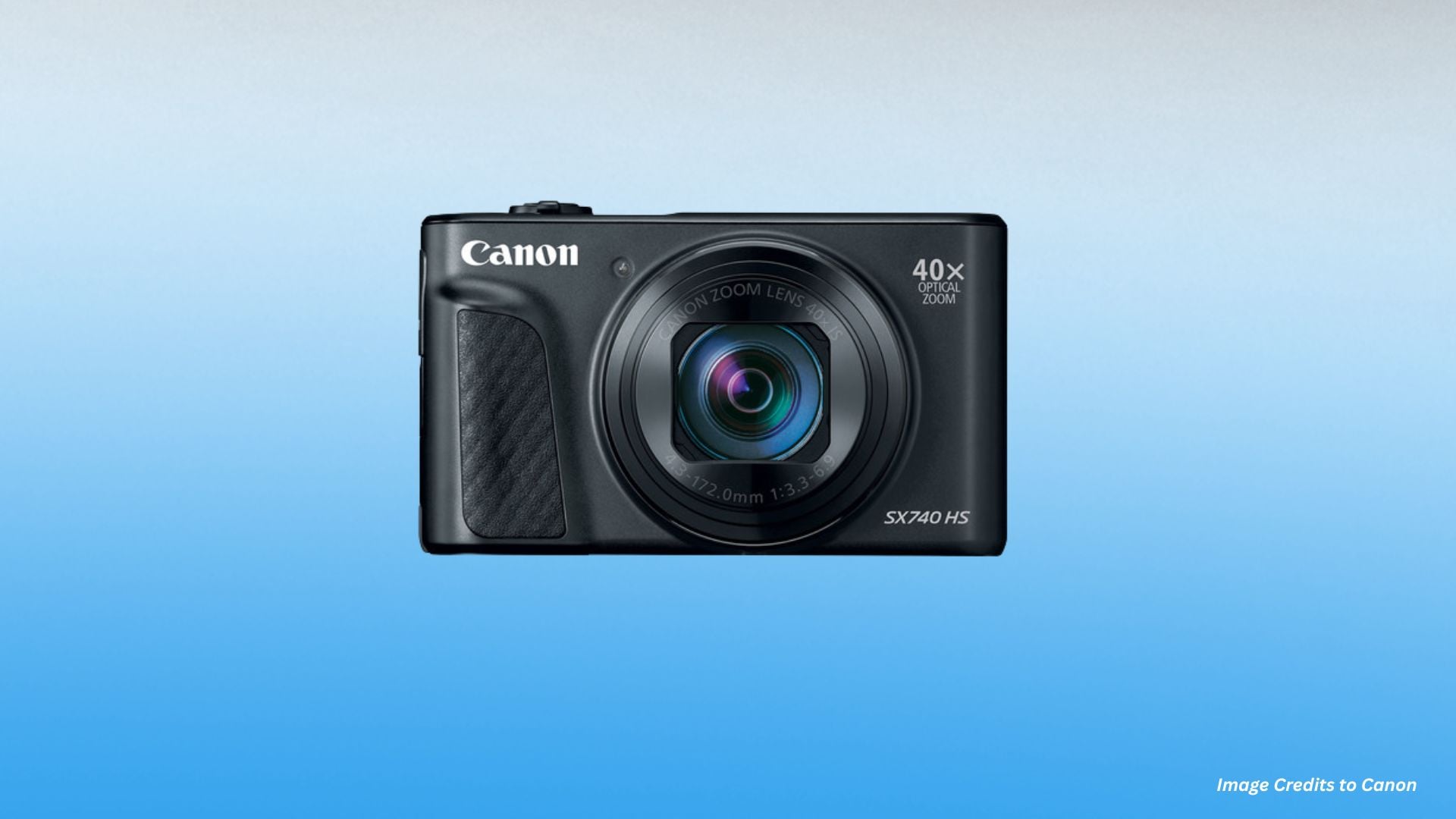 Black Canon PowerShot SX740 HS compact camera front view showing 40x optical zoom lens, textured grip, brand logo, and model name on light blue background.