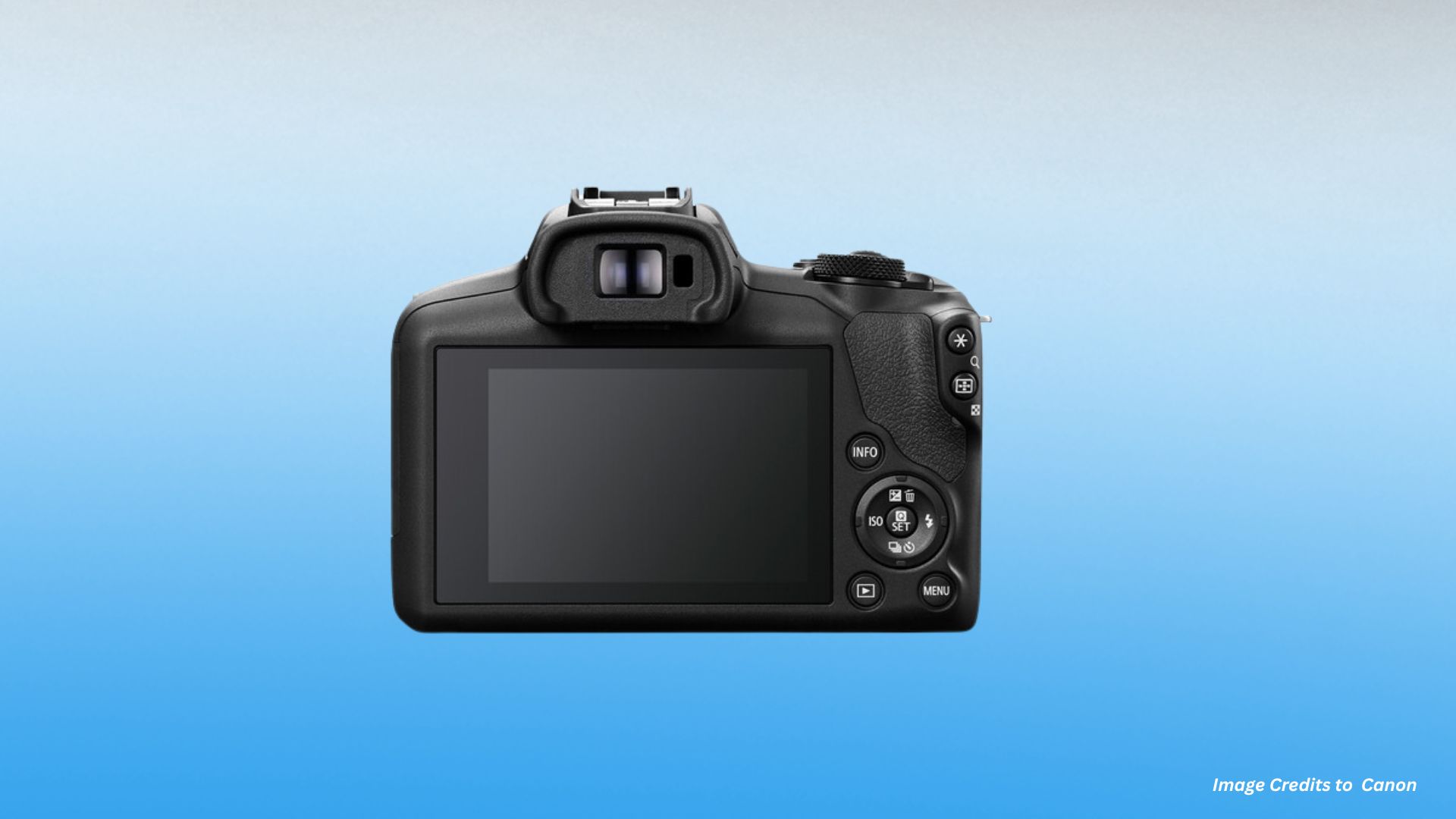 Rear view of Canon EOS R100 showing large LCD screen, electronic viewfinder, control wheel, info button, ISO settings, menu button, and playback controls.