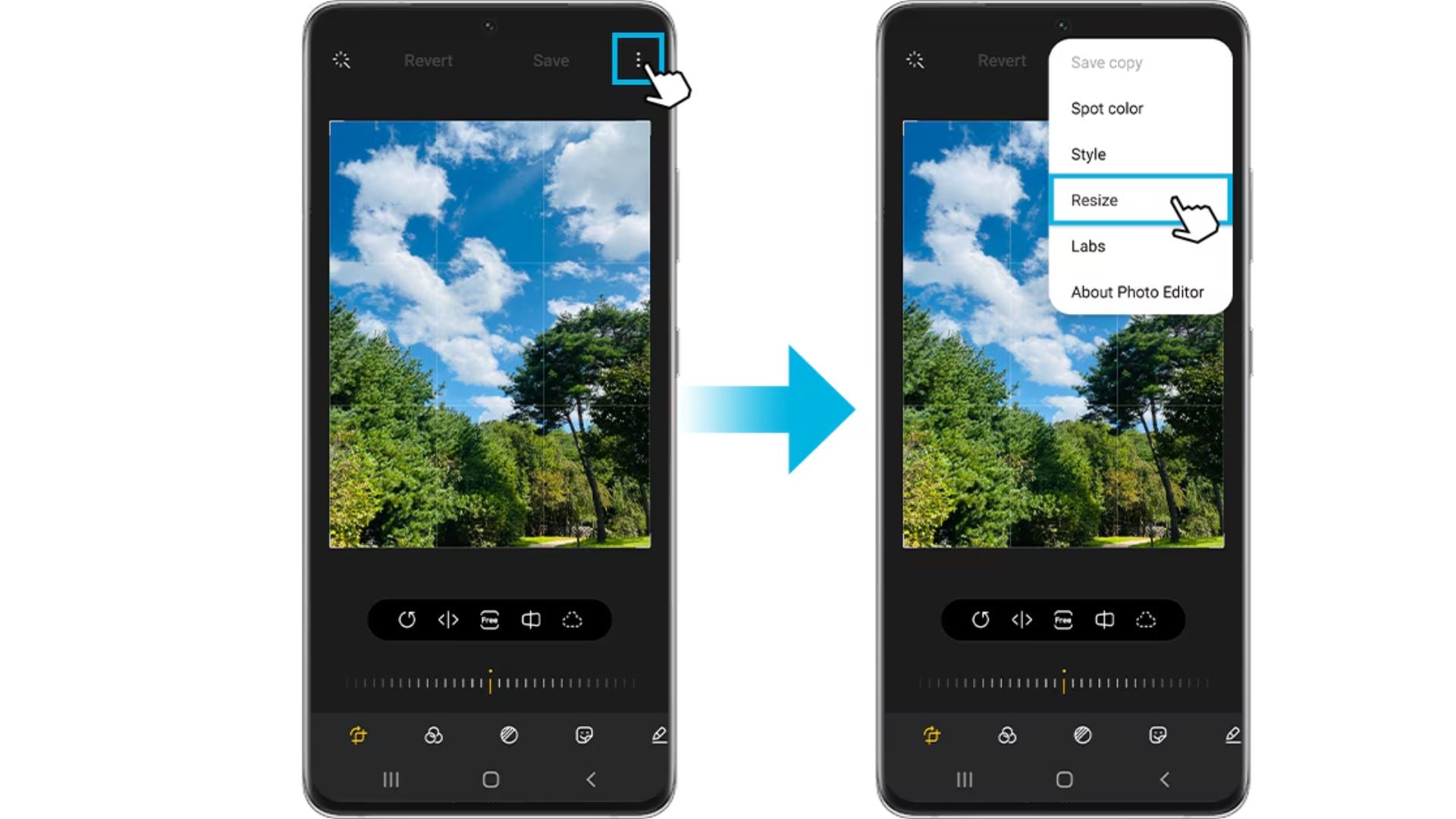 Two Samsung phone screens in photo editor: left shows landscape photo with three dots menu button highlighted, right displays dropdown menu with resize option highlighted among spot color, style, labs, and about photo editor options.