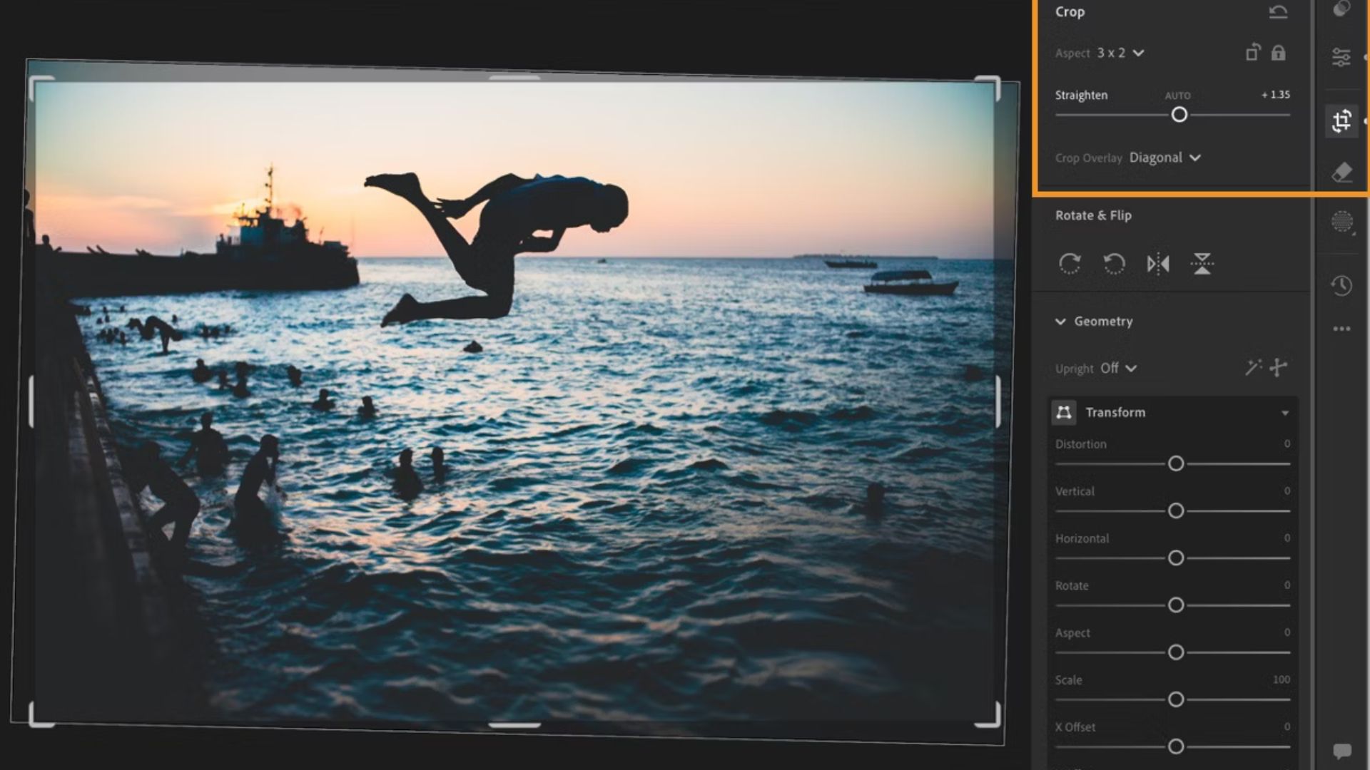 Lightroom crop interface showing whale tail sculpture at sunset with 3x2 aspect ratio, straighten slider at plus 1.35, geometry panel with transform distortion controls.