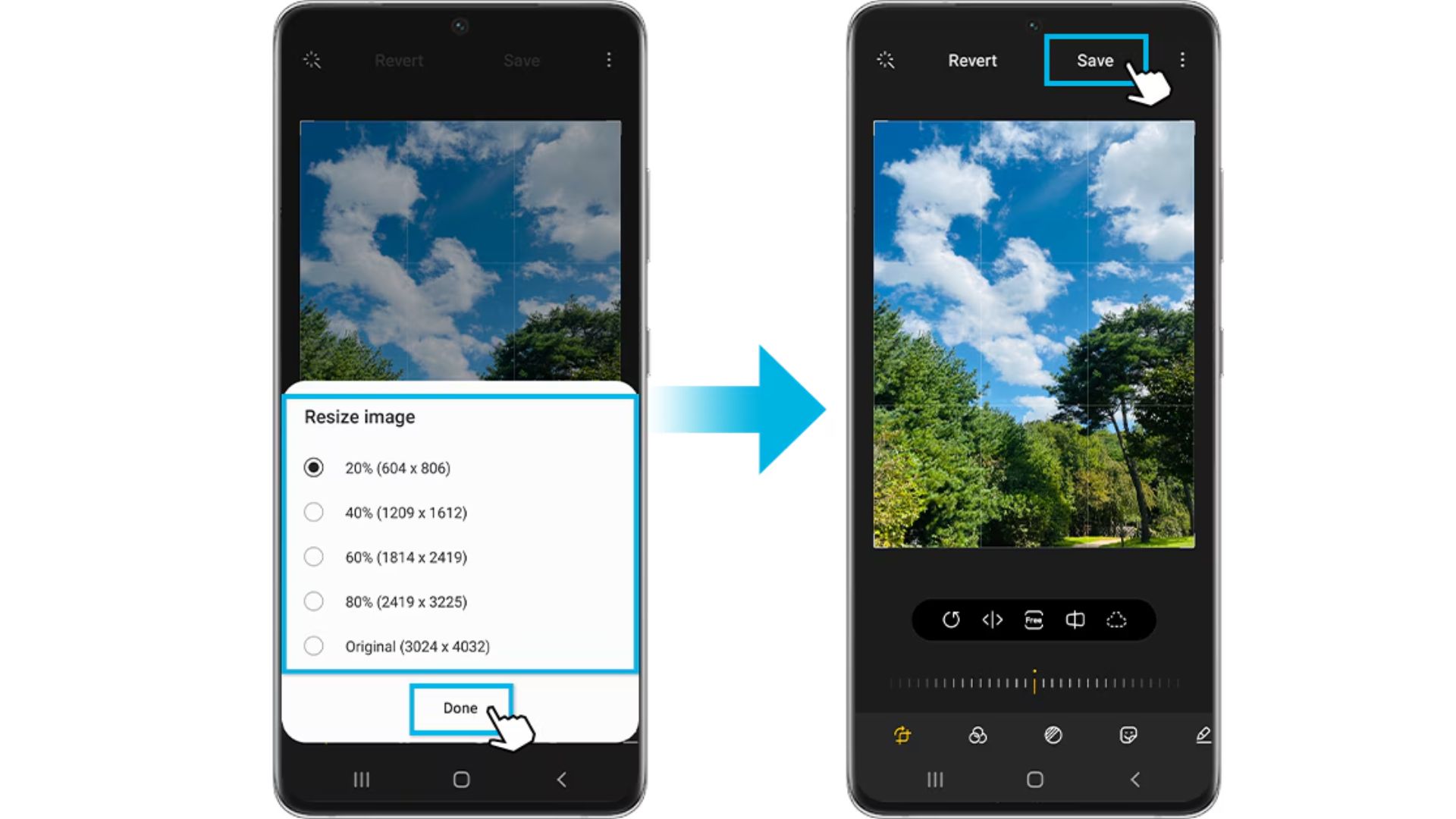 Two phone screens showing resize workflow: left displays resize image dialog with percentage options from 20% to original 3024x4032 pixels with done button highlighted, right shows completed edit with save button highlighted.