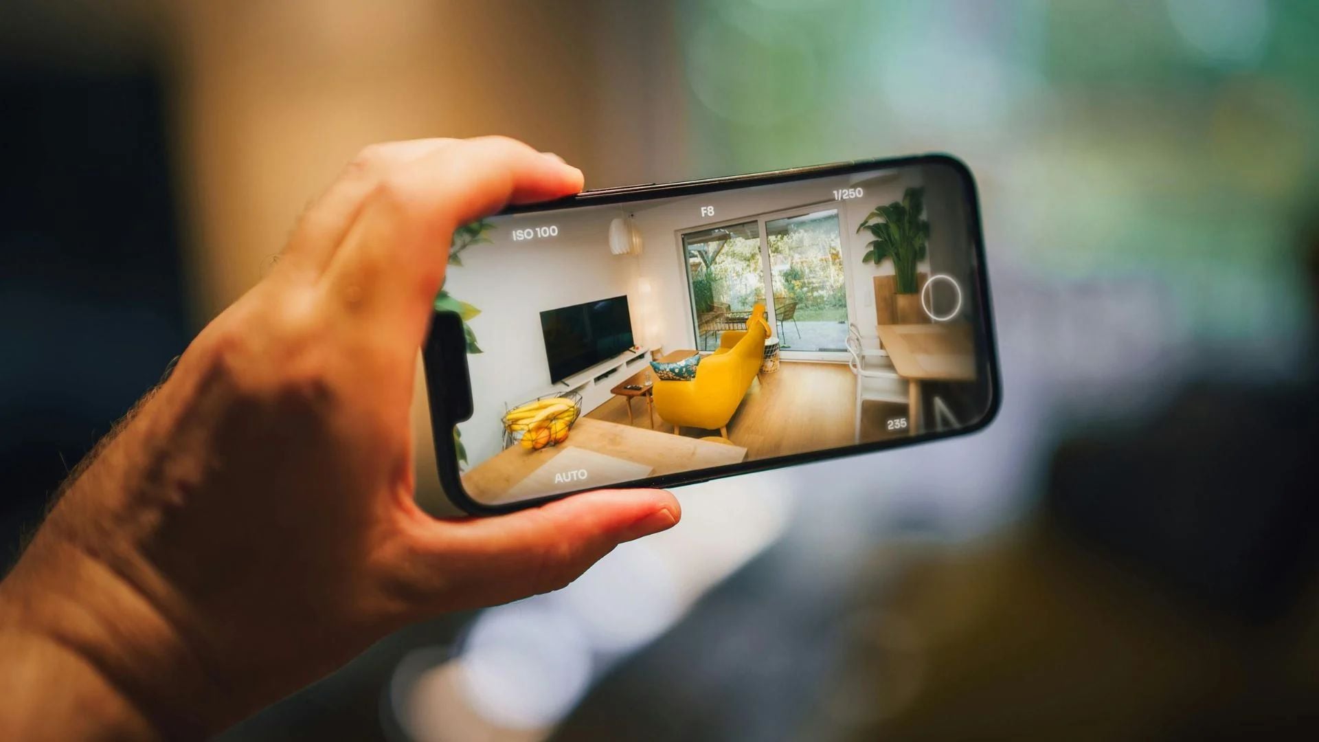 Smartphone screen showing GCam manual mode with ISO 100, F8 aperture, 1/250 shutter speed settings while photographing bright modern living room with yellow furniture.