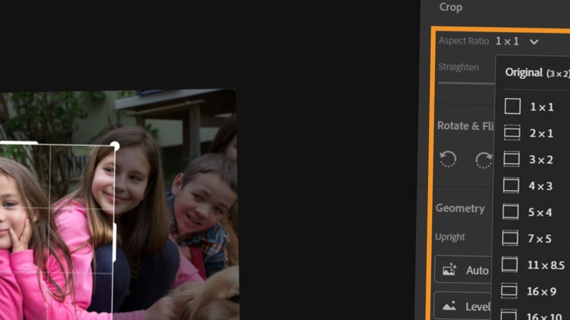 Lightroom crop tool displaying aspect ratio dropdown menu with options including 1x1, 2x1, 3x2, 4x3, 5x4, 7x5, and custom ratios for photo composition.