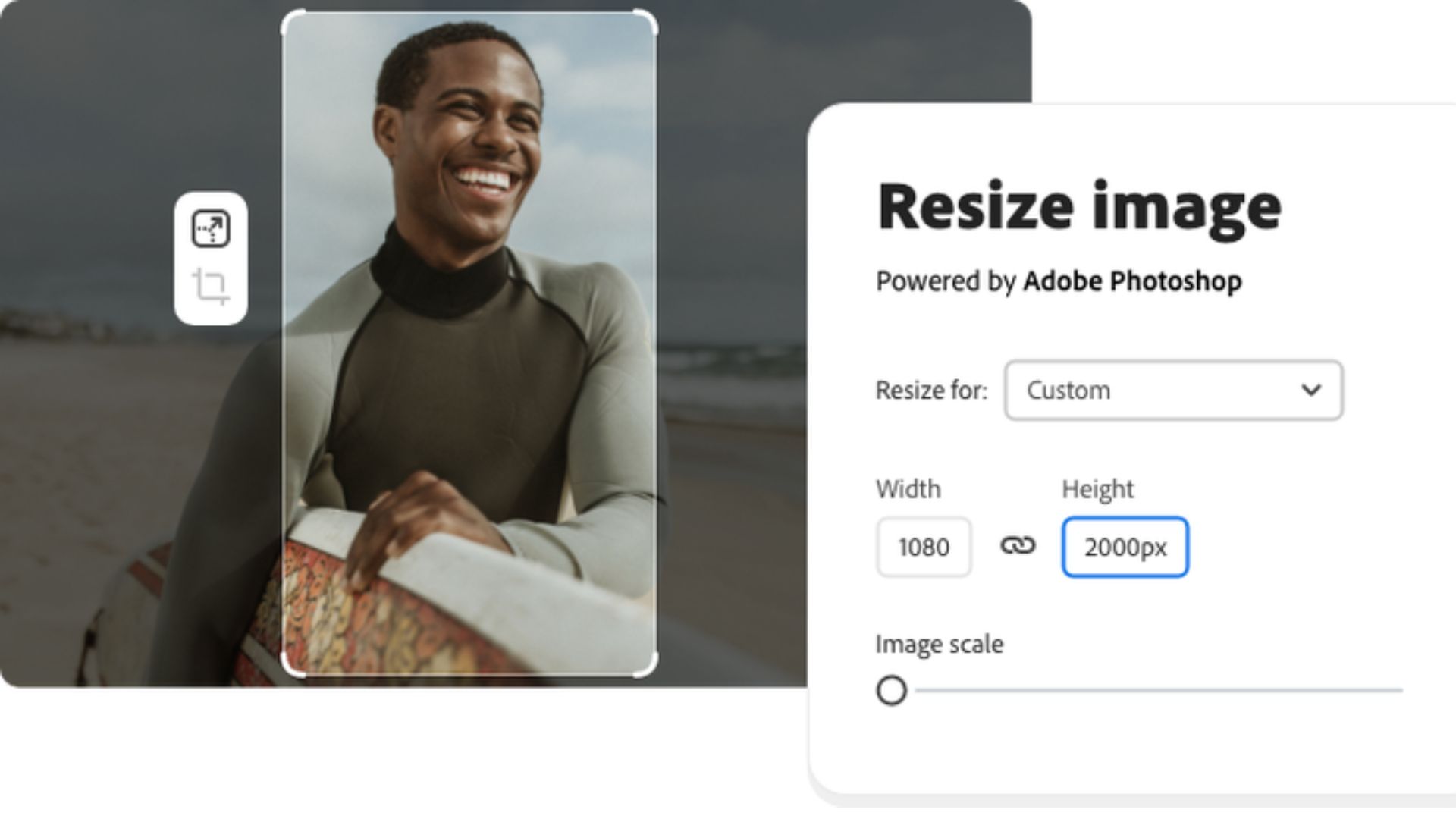 Adobe Photoshop resize image interface showing smiling man portrait with resize panel displaying custom dimensions, width 1080, height 2000px highlighted, powered by Adobe Photoshop, and image scale slider below.