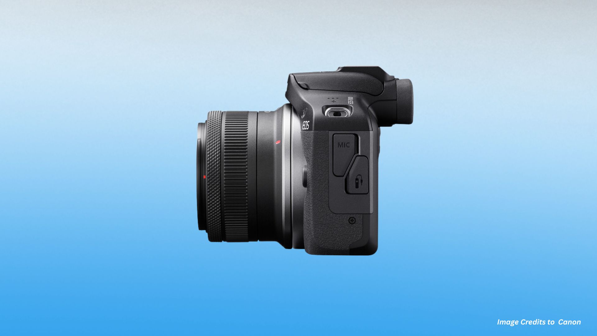 Right side profile of Canon EOS R100 with kit lens showing microphone input, headphone jack ports, textured grip, and compact mirrorless body design.