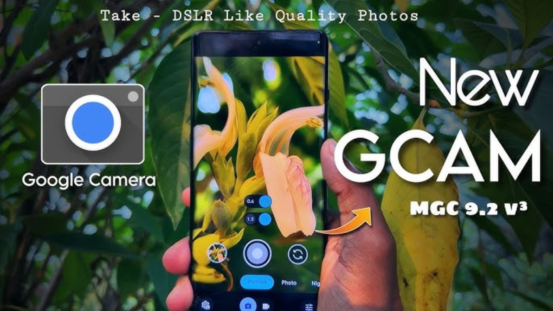 Phone displaying new GCam MGC 9.2 V3 interface comparison with Google Camera, showing enhanced photography features and improved image processing for nature macro shots.
