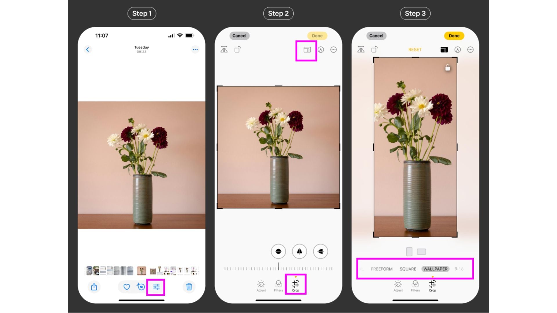 Three-step iPhone photo editing tutorial showing flower vase: step 1 opens photo, step 2 selects aspect ratio icon and crop tool highlighted in pink, step 3 shows freeform, square, wallpaper crop options.