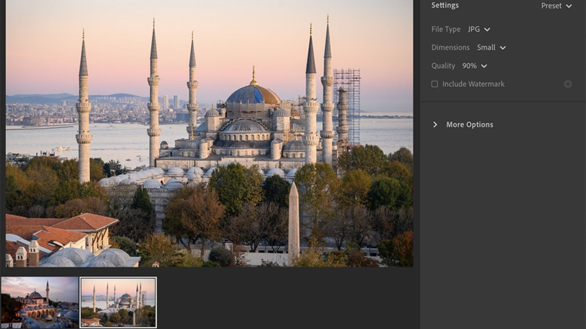 Lightroom export settings showing Blue Mosque photo with JPG file type, small dimensions, 90% quality settings, watermark option, and more options expandable menu.