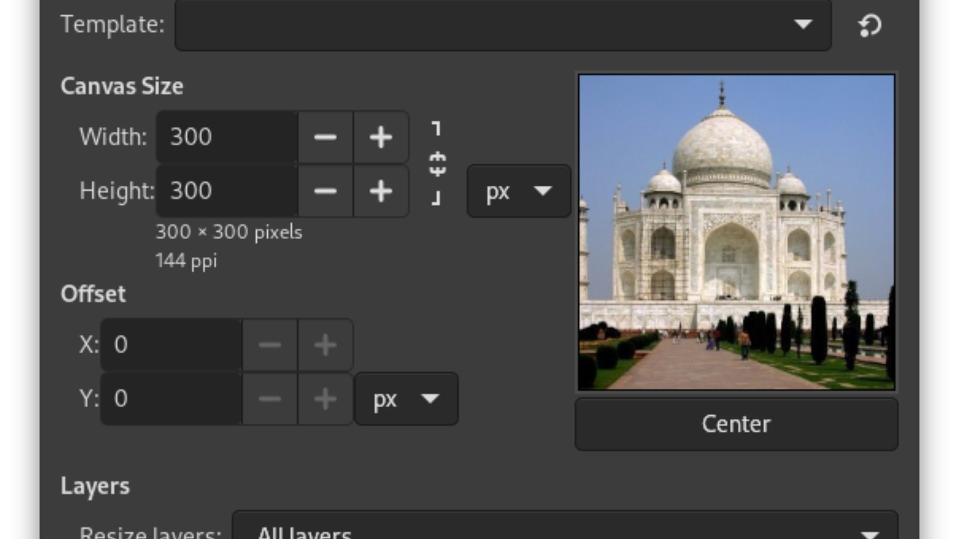 Canvas size dialog showing Taj Mahal photo preview with 300x300 pixels dimensions, 144 PPI resolution, offset controls set to zero, center button, and resize layers options.