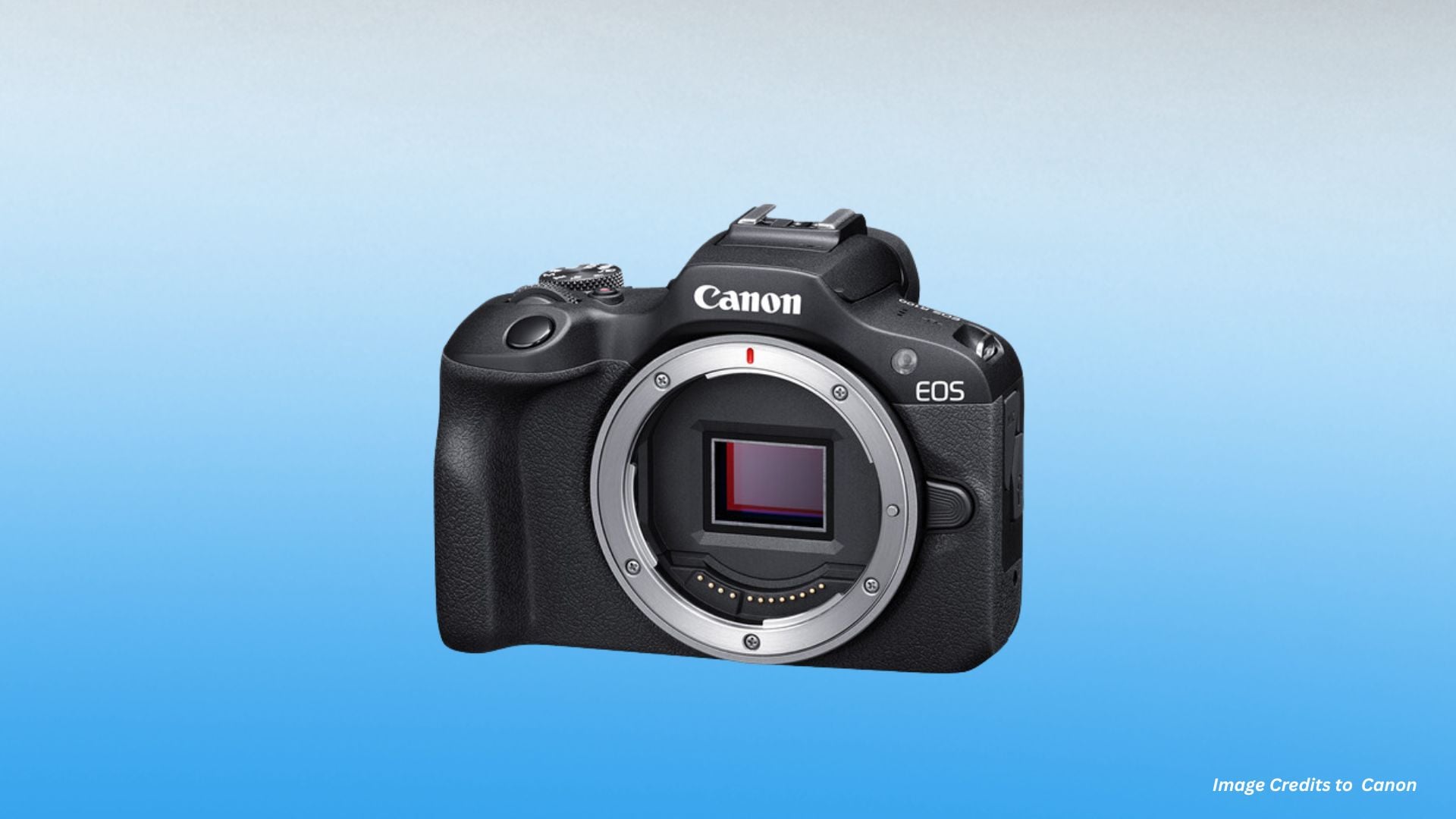 Front view of Canon EOS R100 body without lens showing exposed RF mount, pink and purple APS-C sensor, electronic contacts, and viewfinder on blue background.