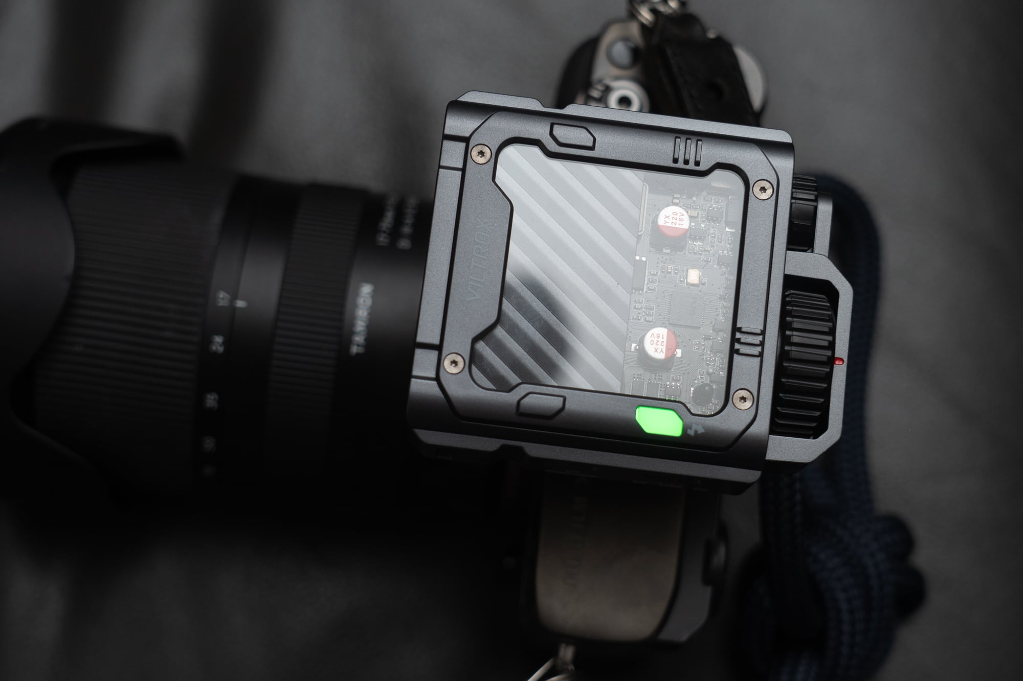 The VIltrox Spark Z3 on the Fujifilm X-Pro 3 against a black leather backdrop.