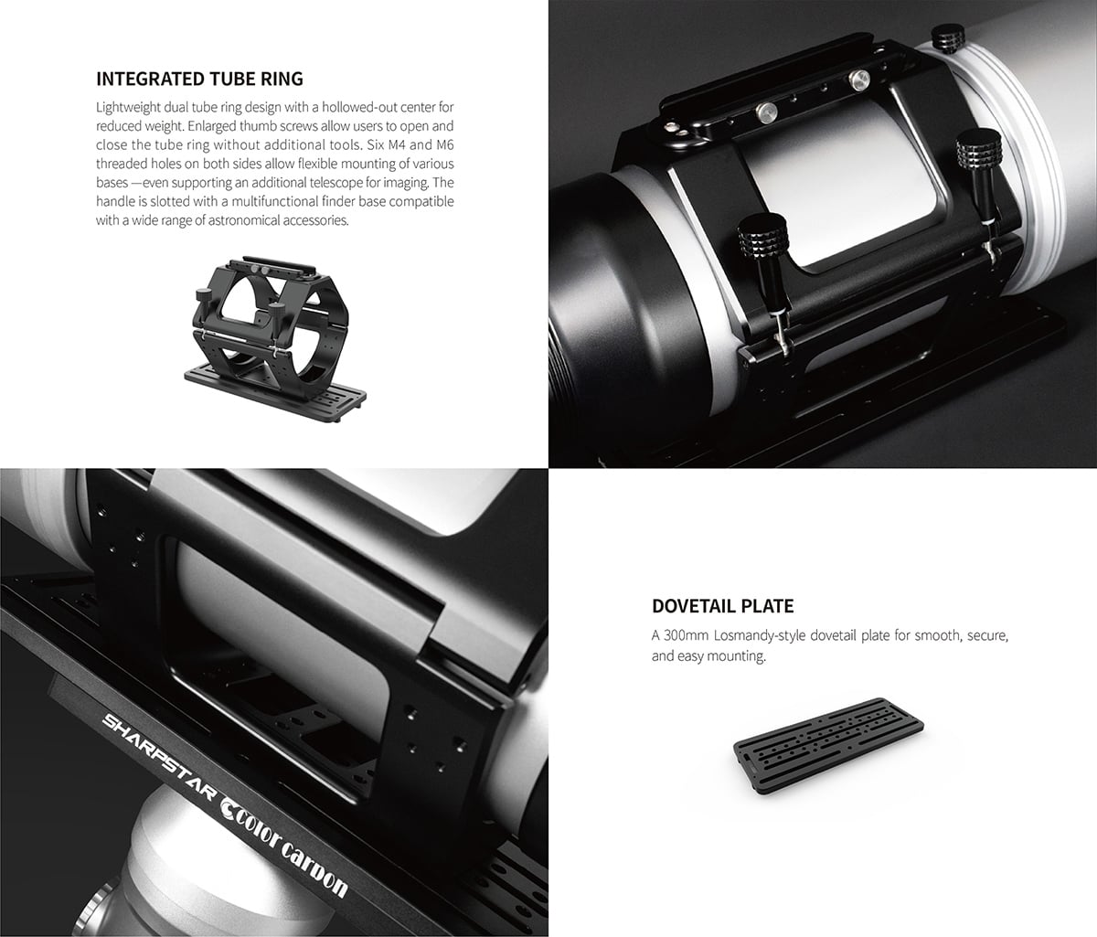 The telescope features an integrated tubering and a losmandy-style dovetail