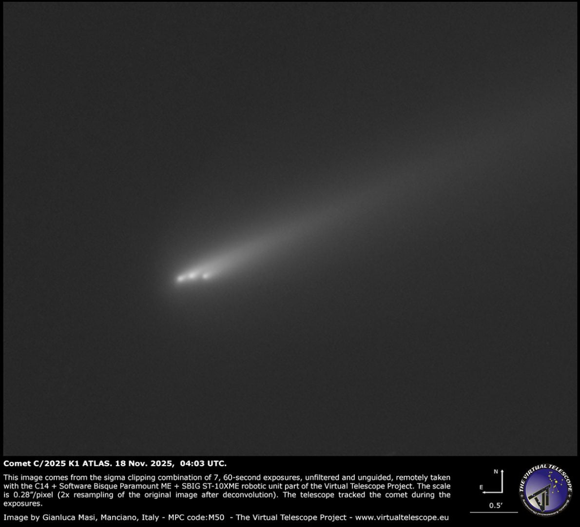 Several small nuclei are visible in this image of Comet C/2025 K1 ATLAS from Nov. 18, 2025. Credit: Gianluca Masi/The Virtual Telescope Project
