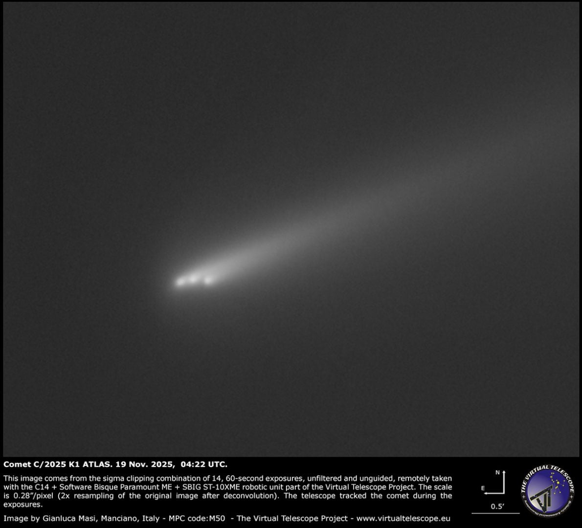 The fragments are visible in this image captured on Nov. 19, 2025. Credit: Gianluca Masi/The Virtual Telescope Project