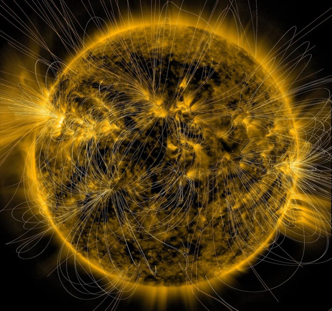 The image shows the different magnetic fields interacting on the Sun’s surface, creating solar flares and sunspots. Credit: NASA/SDO/AIA/LMSAL