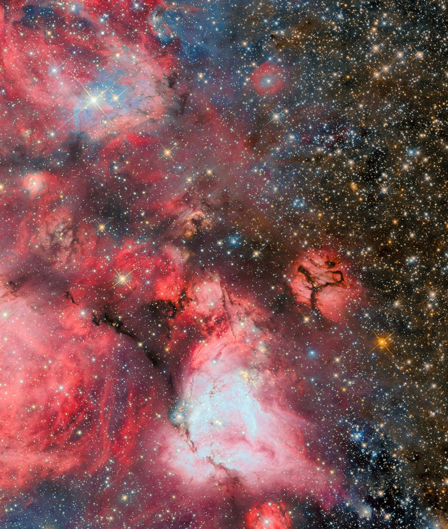 This gigantic cloud of cold hydrogen gas is called N159, and it’s located about 160,000 light-years away in the constellation Dorado. N159 is one of the most massive star-forming clouds in the Large Magellanic Cloud. Credit: ESA/Hubble & NASA, R. Indebetouw