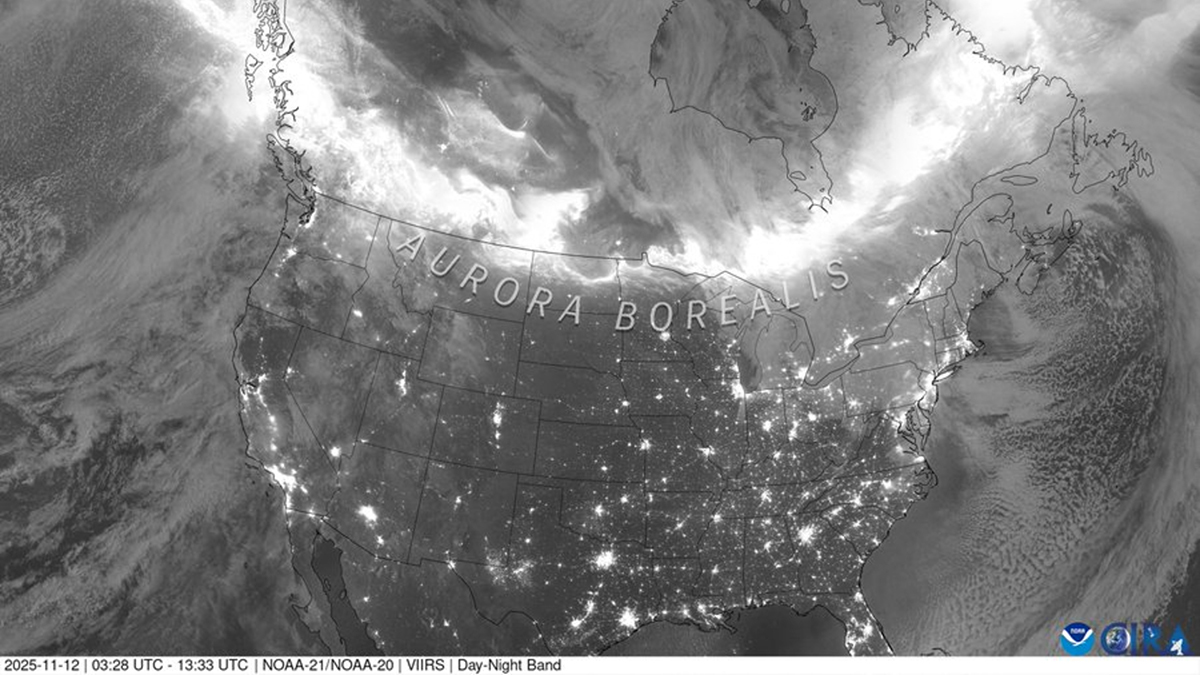 This composite image of auroras was captured by NOAA's satellite from space on the evening of Nov. 11, 2025. Credit: NOAA