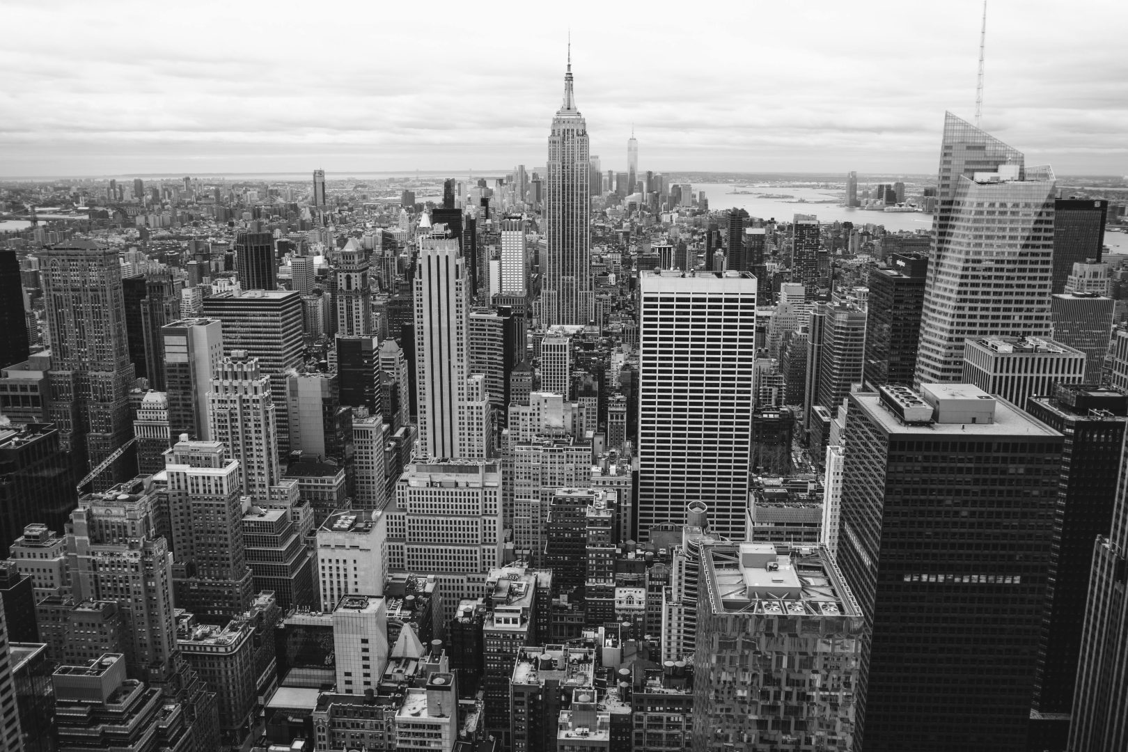 A black and white photo of the city