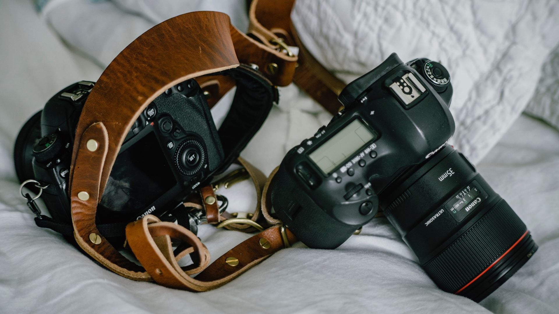 Two Canon DSLR cameras with prime lenses lying on white bedding. Cameras connected by tan leather camera straps with brass hardware showing professional photography equipment setup.