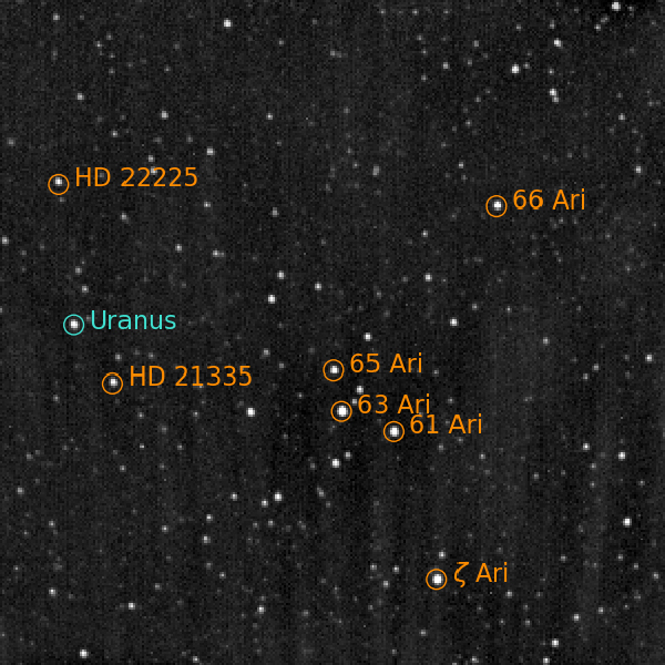 An annotated image of Uranus and background stars captured by Europa Clipper's star tracker camera. Credit: NASA/JPL-Caltech