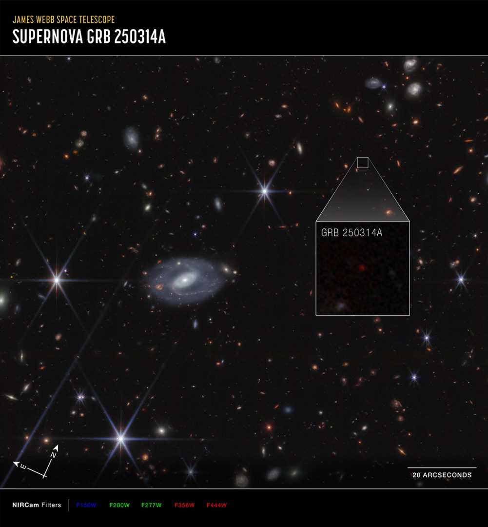 This image of supernova GRB 250314A, captured by the NASA/ESA/CSA James Webb Space Telescope’s Near Infrared Camera (NIRCam), shows compass arrows, scale bar, and colour key for reference. Credit: NASA, ESA, CSA, STScI, A. Levan (IMAPP), Image Processing: A. Pagan (STScI)