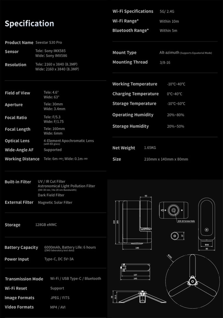 Key specifications of Seestar S30 Pro