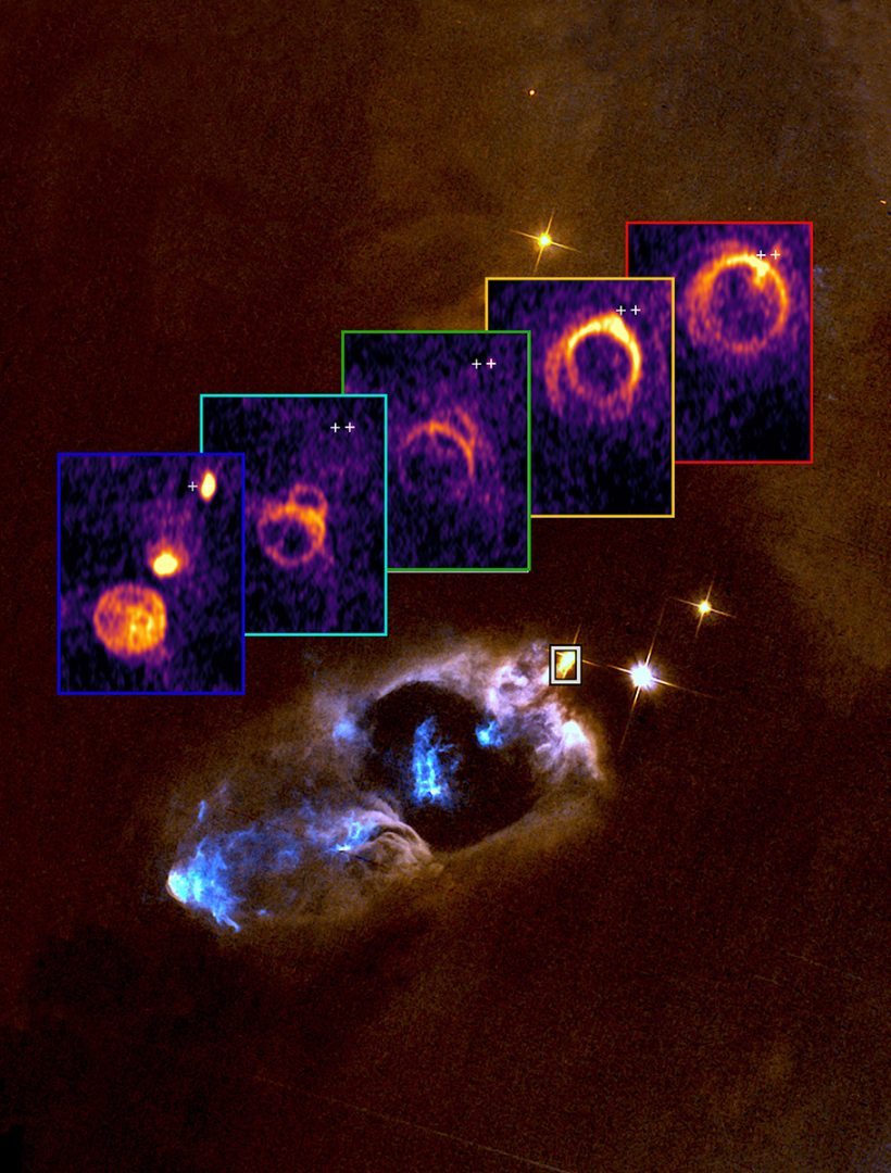 ALMA's image of SVS 13. Credit: ALMA(ESO/NAOJ/NRAO)/G. Blázquez-Calero, M. Osorio, G. Anglada. Background image credit: ESA/Hubble & NASA/Karl Stapelfeldt. 