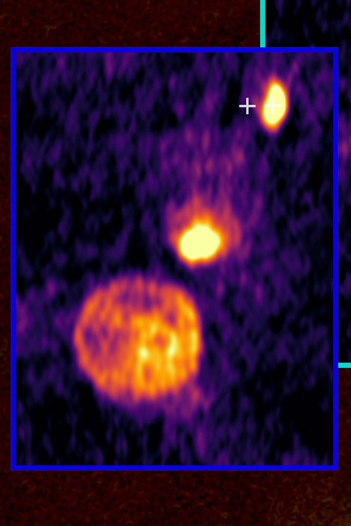 A cropped view of the clumps known as “molecular bullets”. Credit: ALMA(ESO/NAOJ/NRAO)/G. Blázquez-Calero, M. Osorio, G. Anglada. Background image credit: ESA/Hubble & NASA/Karl Stapelfeldt. 