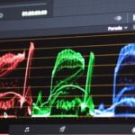 Video editing parade scope showing separate red, green, and blue waveform displays with clipping and exposure level indicators for color grading workflow