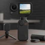DJI Osmo Pocket 4 compact gimbal stabilizer with built-in touchscreen showing landscape preview, 4K 120fps video recording badge, wireless microphone on mini tripod, and detached camera module on gray surface demonstrating vlogging setup