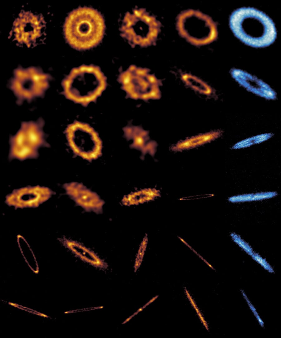 The orange images show the distribution of dust in these discs, and the blue ones the distribution of gas in 6 of them. Credit: ALMA(ESO/NAOJ/NRAO)/S. Marino et al.