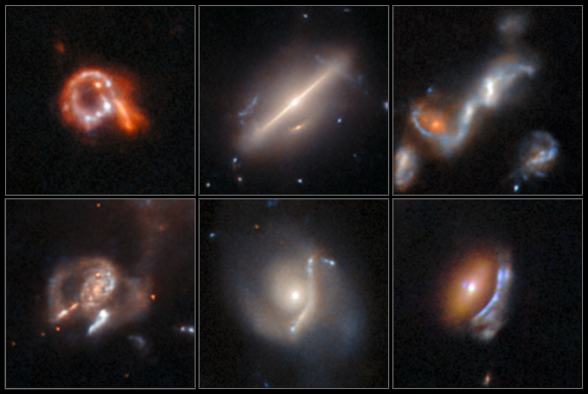 Six previously-undiscovered, weird and fascinating astrophysical objects are displayed in this new image from the NASA/ESA Hubble Space Telescope. Credit: ESA/Hubble & NASA, D. O’Ryan, P. Gómez (European Space Agency), M. Zamani (ESA/Hubble)