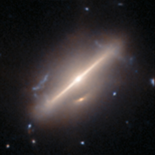 This oval-shaped galaxy is perhaps most striking for the long, thin beam of light stretching across its centre. This is thought to be the result of a galaxy merger. Credit: ESA/Hubble & NASA, D. O’Ryan, P. Gómez (European Space Agency), M. Zamani (ESA/Hubble)
