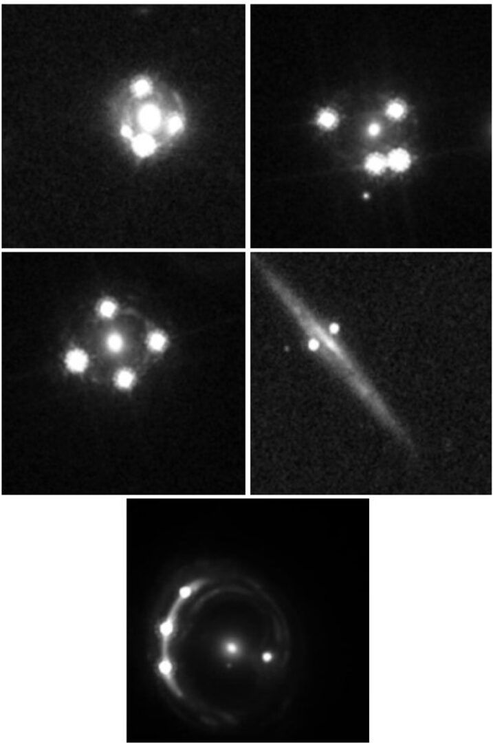 Five lensed quasars (Einstein crosses) that were found in this work. Credit: ESA/Hubble & NASA, D. O’Ryan, P. Gómez (European Space Agency), M. Zamani (ESA/Hubble)