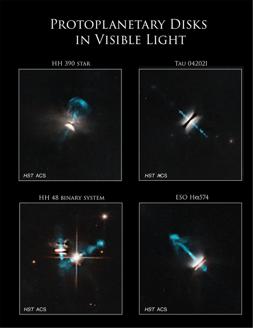 Jets of gas blast from protostars in these visible-light images captured by the Hubble Space Telescope. Credit: NASA, ESA, and K. Stapelfeldt (Jet Propulsion Laboratory); Processing: Gladys Kober (NASA/Catholic University of America)