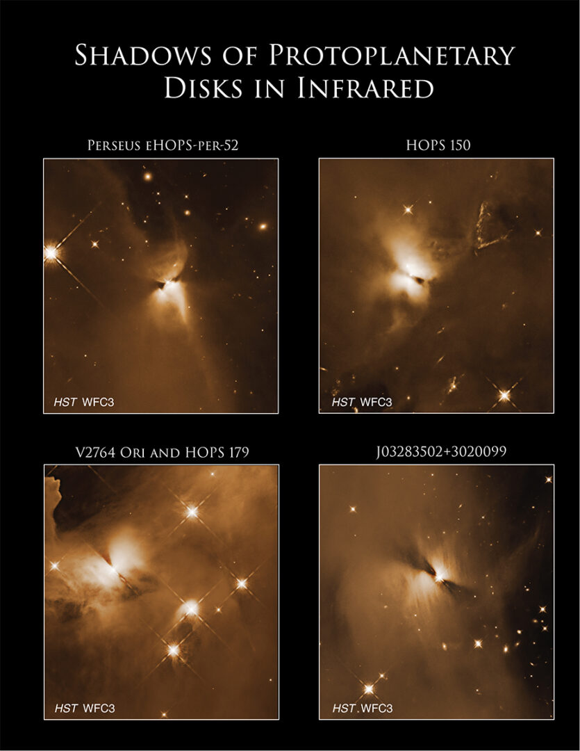 Bright central protostars and the shadows of their dusty disks appear in these infrared images captured by the Hubble Space Telescope. Credit: NASA, ESA, and T. Megeath (University of Toledo); Processing: Gladys Kober (NASA/Catholic University of America)