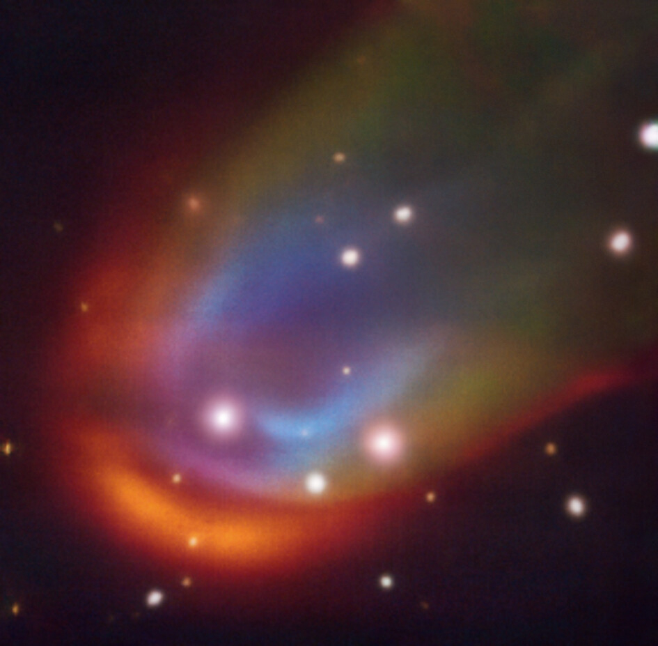 A close-up of the shock waves around the dead star RXJ0528+2838. taken with the MUSE instrument on ESO’s Very Large Telescope. Credit: ESO/K. Iłkiewicz and S. Scaringi et al.